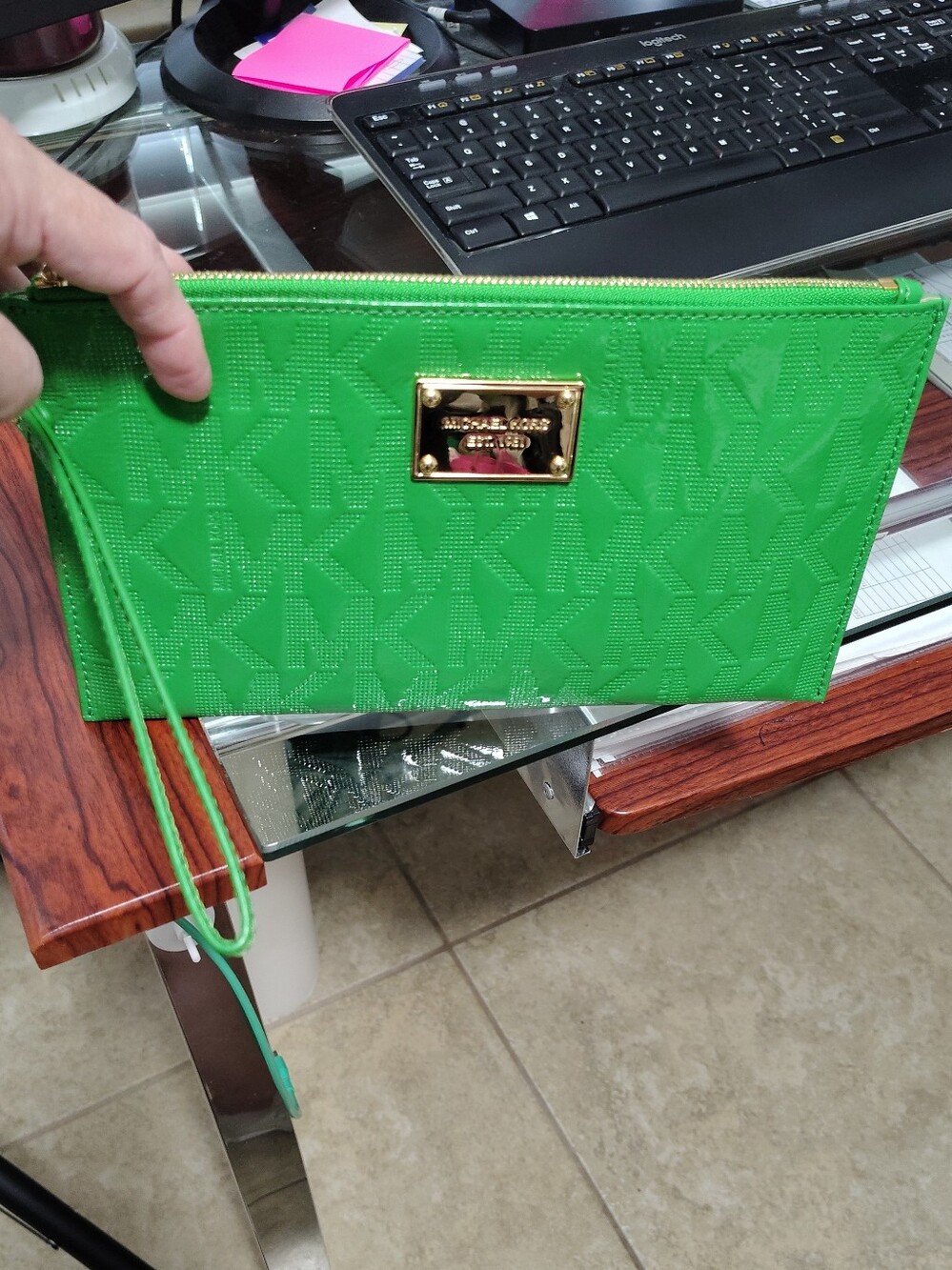 Michael Kors Green MK Logo Zip Wristlet with Gold Plaque